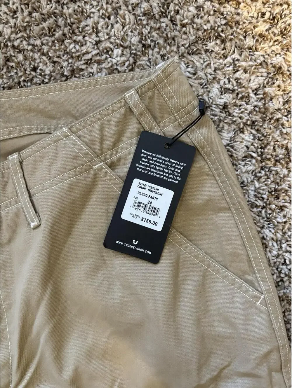 True Religion Cargo Pants Straight Leg Travertine Brown Tan Men's Size 34x32 NWT